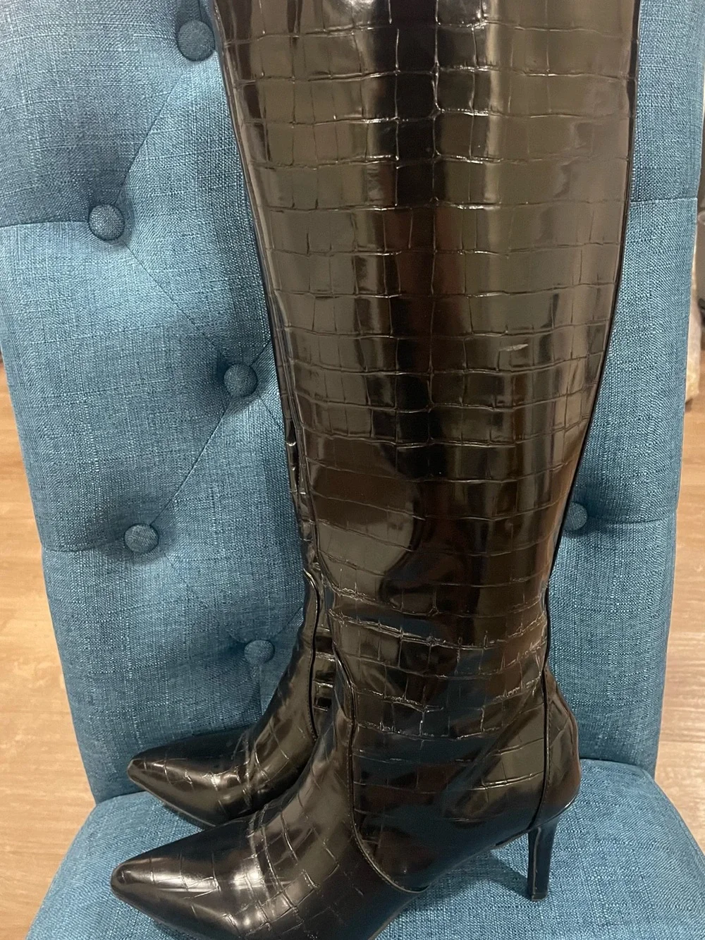 Worthington Black Croc-Embossed Over-the-Knee Pointed Toe Stiletto Boots